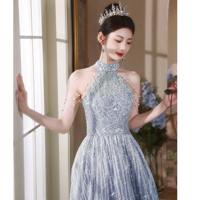 Mock Back Cutout Faux Neck Fringed Halter Evening A-Line Gown Pearl