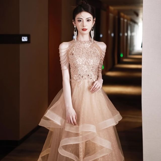 Halter Neck Floral Sequin Fringed Layered A-Line Evening Gown