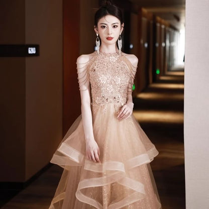 Halter Neck Floral Sequin Fringed Layered A-Line Evening Gown