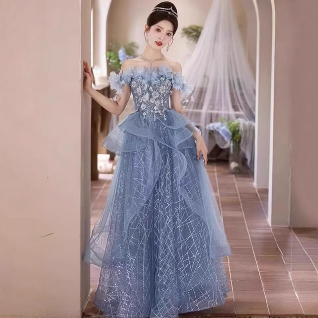 Off-Shoulder Floral Sequin Ruffle A-Line Evening Gown