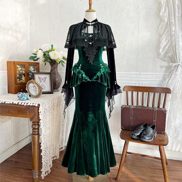 Velvet Shrug and Lace Panel Ruffle Trim Mermaid Dress Set