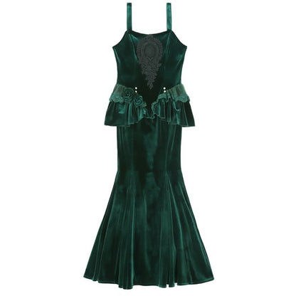 Velvet Shrug and Lace Panel Ruffle Trim Mermaid Dress Set