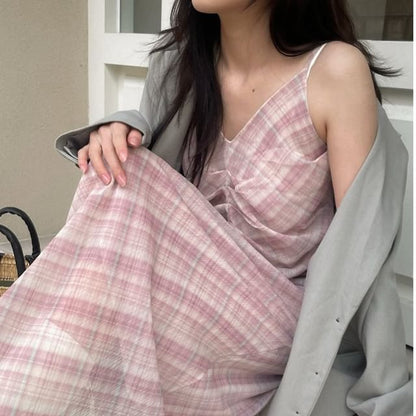 V-Neck Plaid Maxi Dress with Spaghetti Straps