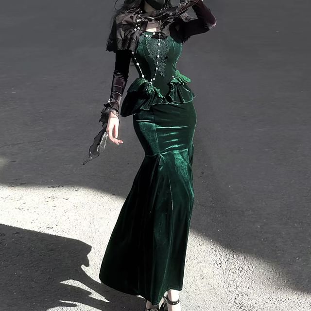 Velvet Shrug and Lace Panel Ruffle Trim Mermaid Dress Set