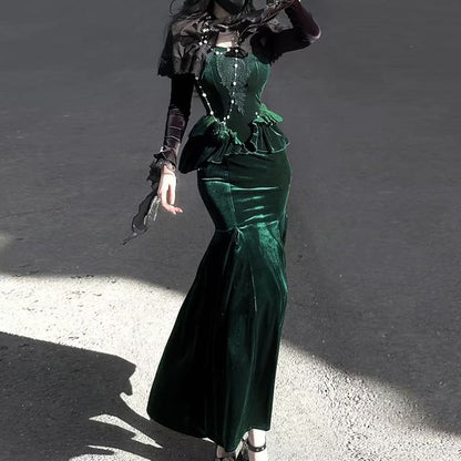 Velvet Shrug and Lace Panel Ruffle Trim Mermaid Dress Set