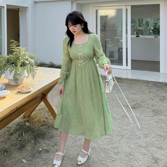 Plus Size Long Sleeve Square Neck Floral Embroidered Beaded Bow Midi A-Line Dress