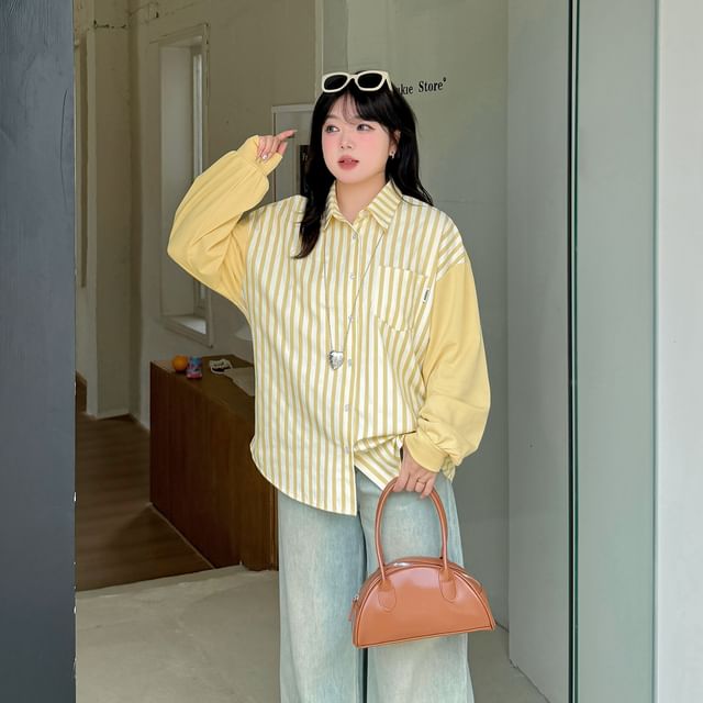 Plus Size Long Sleeve Collared Striped Panel Shirt