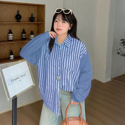 Plus Size Long Sleeve Collared Striped Panel Shirt