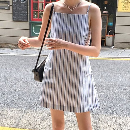 Striped Mini A-Line Dress with Spaghetti Straps