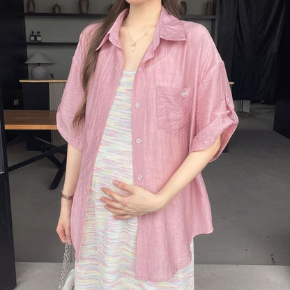 Maternity Scoop Neck Knit Midi A-Line Dress with Striped Shirt