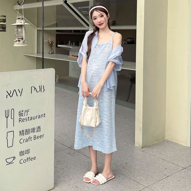 Maternity Scoop Neck Knit Midi A-Line Dress with Striped Shirt