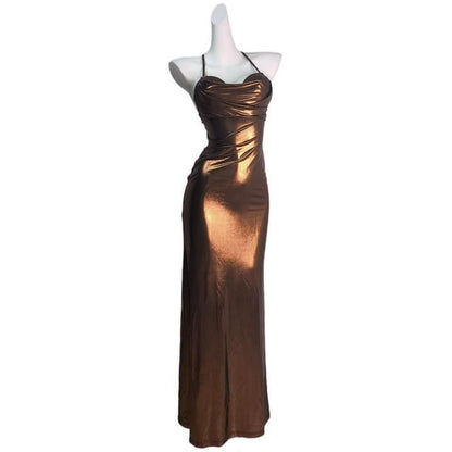 Spaghetti Strap Plain Metallic Sheath Evening Gown