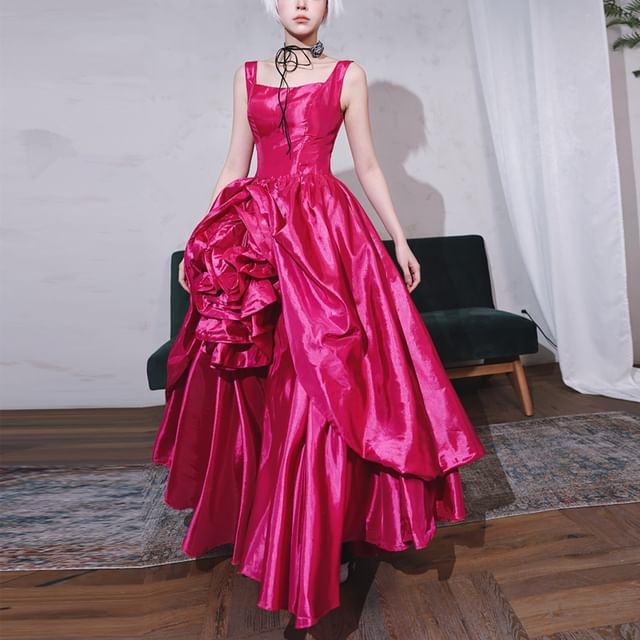 Evening Satin Gown Ruched A-Line Sleeveless Neck Square Plain