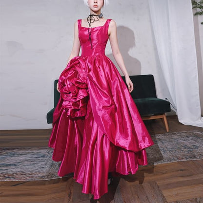 Evening Satin Gown Ruched A-Line Sleeveless Neck Square Plain