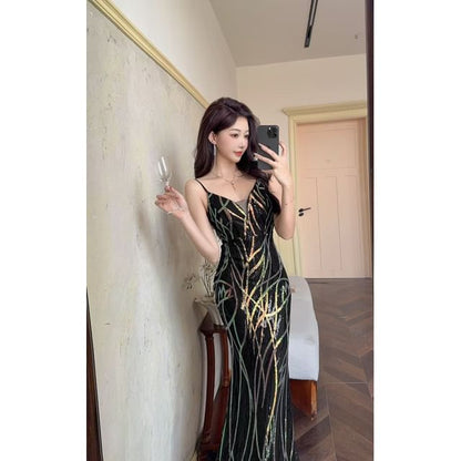 Spaghetti Strap Sequin Patterned Sheath Evening Gown