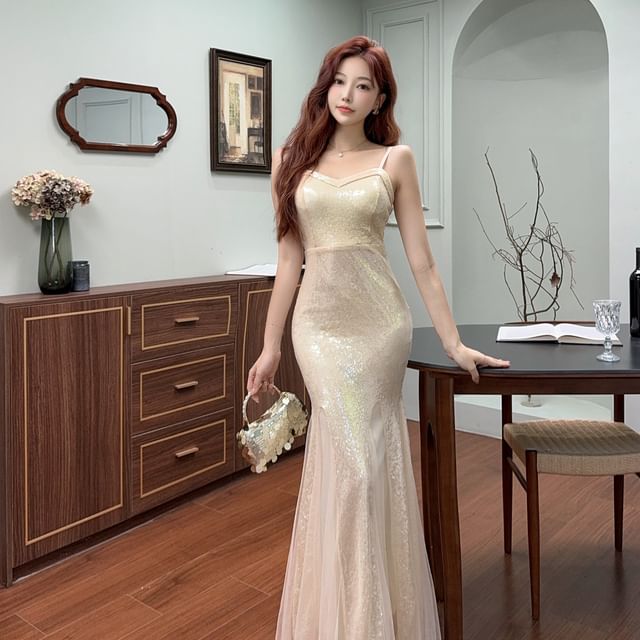 Spaghetti Strap Plain Sequin Trumpet Evening Dress