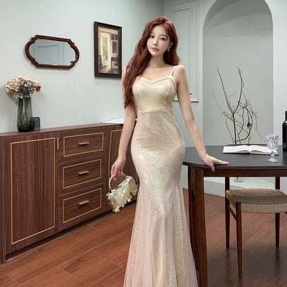 Spaghetti Strap Plain Sequin Trumpet Evening Dress