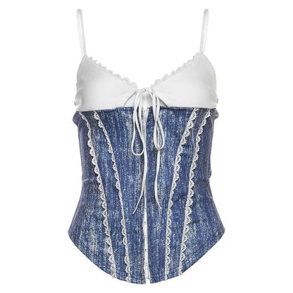 Corset Cami Top - Lace Trim Color Block Tie Front