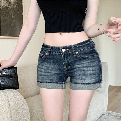 Low Rise Washed Roll Up Hem Denim Hot Pants