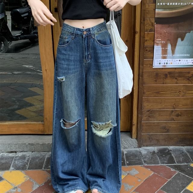 Mid Waist Washed Ripped Wide Leg Jeans