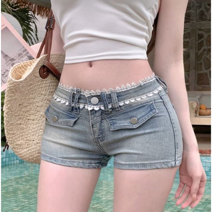 Low Rise Lace Trim Washed Denim Hot Pants