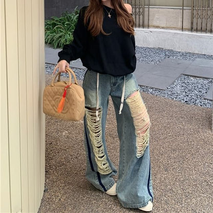 Off-Shoulder Plain Pullover / Drawstring Waist Contrast Trim Washed Ripped Wide Leg Jeans