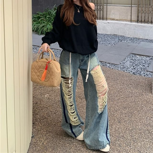 Off-Shoulder Plain Pullover / Drawstring Waist Contrast Trim Washed Ripped Wide Leg Jeans