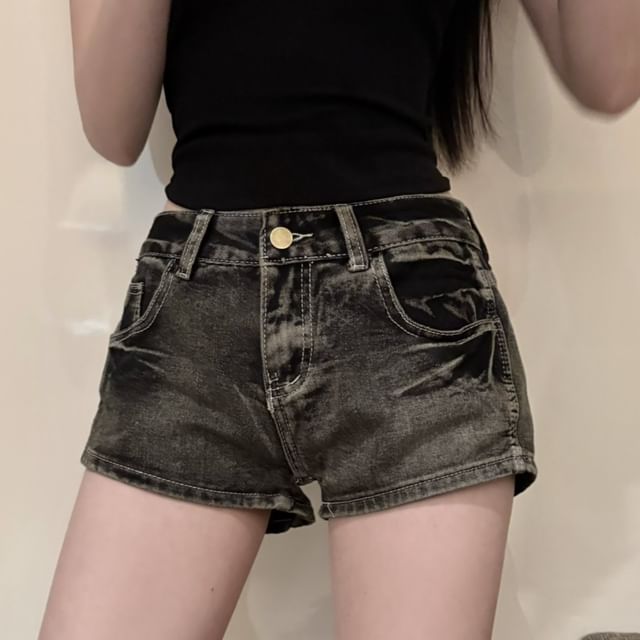 Low Rise Washed Denim Hot Pants