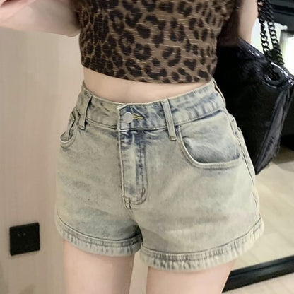 High Waist Washed Zipped Denim Hot Pants