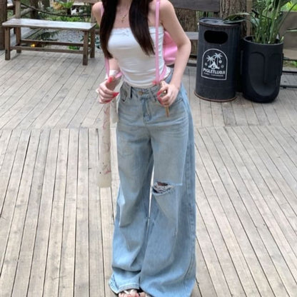 Plain Bow Accent Lace Trim Ruched Crop Tube Top / Mid Rise Washed Ripped Wide Leg Jeans