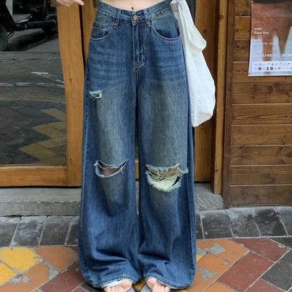 Mid Waist Washed Ripped Wide Leg Jeans