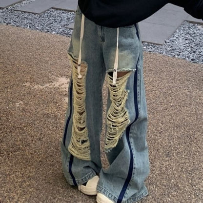 Off-Shoulder Plain Pullover / Drawstring Waist Contrast Trim Washed Ripped Wide Leg Jeans