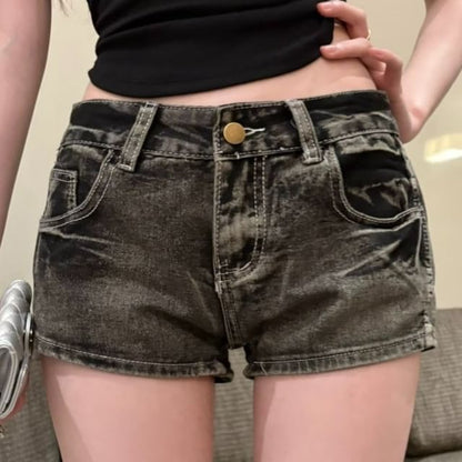 Low Rise Washed Denim Hot Pants