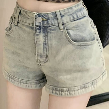 High Waist Washed Zipped Denim Hot Pants