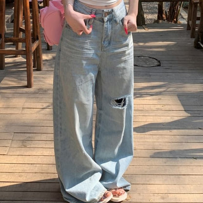 Plain Bow Accent Lace Trim Ruched Crop Tube Top / Mid Rise Washed Ripped Wide Leg Jeans