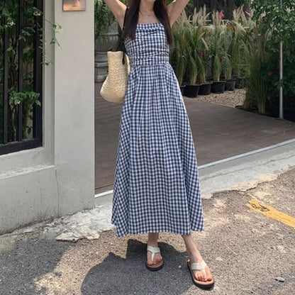 Plaid A-Line Midi Dress with Spaghetti Straps