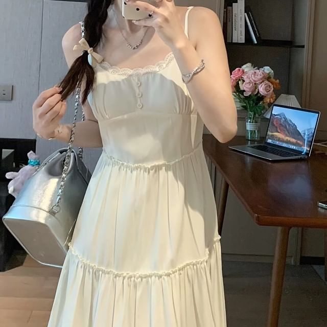 Tiered Lace Trim Midi A-Line Dress with Spaghetti Straps
