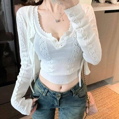 Set: Sleeveless Scoop Neck Plain Crop Knit Top + Plain Cable Knit Cardigan