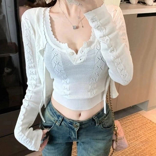 Set: Sleeveless Scoop Neck Plain Crop Knit Top + Plain Cable Knit Cardigan