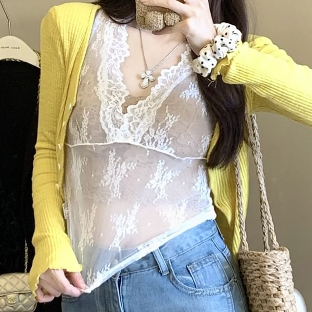 Scoop Neck Plain Ruffle Trim Cardigan / V-Neck Lace Camisole Top