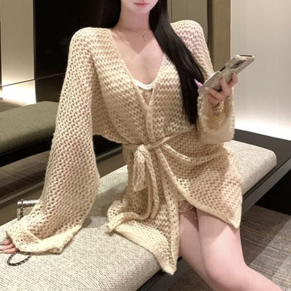 Spaghetti Strap V-Neck Flower Print Mini Bodycon Dress / V-Neck Plain Crochet Cardigan