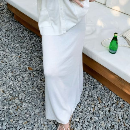 Long-Sleeve V-Neck Plain Blouse / Mid Waist Plain Maxi A-Line Skirt