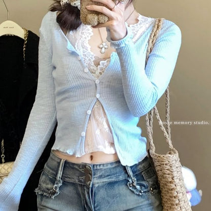 Scoop Neck Plain Ruffle Trim Cardigan / V-Neck Lace Camisole Top