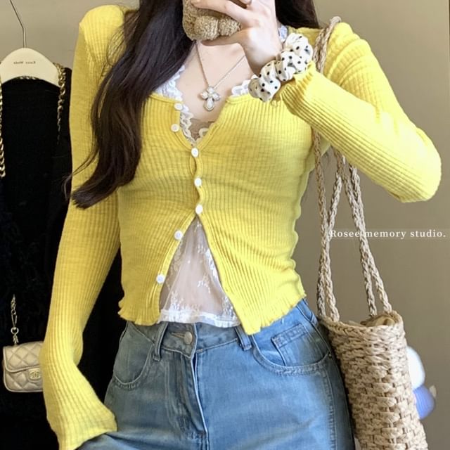 Scoop Neck Plain Ruffle Trim Cardigan / V-Neck Lace Camisole Top