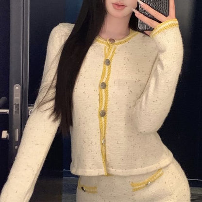 Scoop Neck Contrast Trim Cami Top / High Waist Mini Pencil Skirt / Contrast Trim Button Cardigan