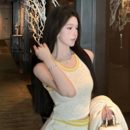 Scoop Neck Contrast Trim Cami Top / High Waist Mini Pencil Skirt / Contrast Trim Button Cardigan