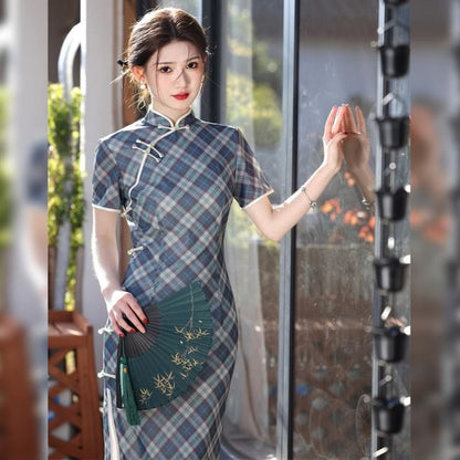 Short-Sleeve Stand Collar Plaid Maxi Qipao Dress