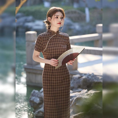 Short-Sleeve Stand Collar Plaid Midi Qipao Dress