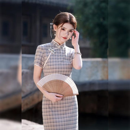 Short-Sleeve Stand Collar Plaid Midi Qipao Dress