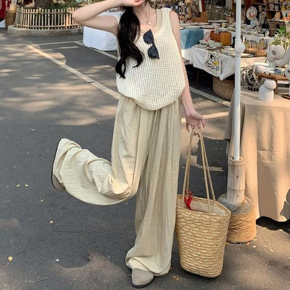Sleeveless Scoop Neck Plain Knit Top / High Waist Plain Wide Leg Pants / Scoop Neck Plain Tank Top
